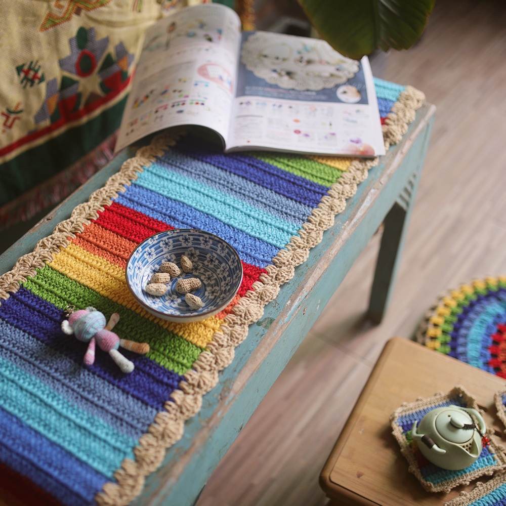 Rainbow Pastoral Pop Art Table Skirts Handmade Mori Girl Design Colorful Table Runner for Home Use