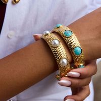 Gelang J&D Vintage Lapis Emas 18K Rantai Baja Anti Karat Motif Palu Terbuka Unisex Trendi Turquoise Modis
