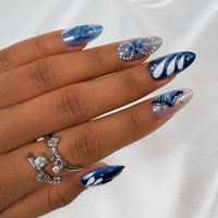 Faux ongles personnalisés papillon bleu à presser, forme amande, avec paillettes étoiles, en gel ABS brillant argenté, style céleste, vente en gros OEM