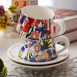 Juego de Tazas de Café de Cerámica con Platillo, Serie Floral, para Té de la Tarde, Fresco, Elegante y de Alta Gama - Product Image 4