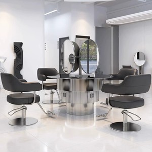 Station de coiffure double face pour 4 personnes avec miroir, comptoir en verre trempé et armoire de rangement LED - Product Image 1
