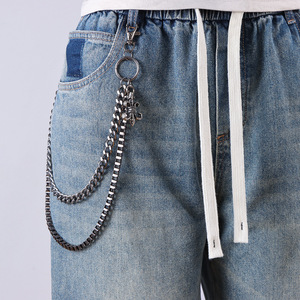 yueli Hip Hop Double Layer Metal Waist <b>Chain</b> For <b>Men</b> <b>Cross</b> Shape Zinc Alloy Casual Street Style Jeans Accessory - Product Image 1