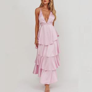 Vestidos de Moda con Escote Profundo en V, Multicapa, para Mujer, con Volantes de Satén, Espalda Descubierta, Color Rosa, Largos - Product Image 2