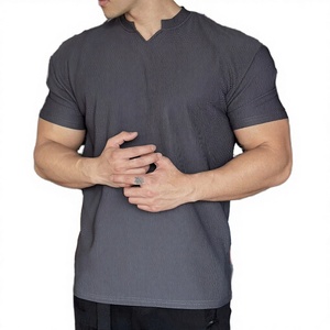 T-shirt décontracté personnalisé pour homme, col en V, manches courtes, en polyester, teint uni, séchage rapide, coupe ajustée, idéal pour la gym et le fitness, vente en gros - Product Image 2