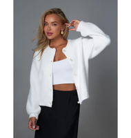 Eleganter Anti-Pilling Weißer Komfortabler Kunstpelz Gestrickter Damen-Cardigan aus Polyester mit Rundhalsausschnitt Stilvoller Lässiger Pullover