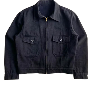 Chemise de travail en coton pour homme avec fermeture éclair et poches, col rabattu, couleur noire unie, style automne - Product Image 2