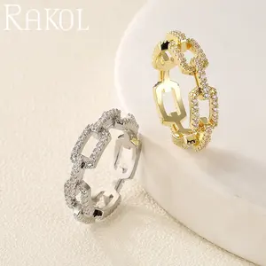 RAKOL RL10382023新しいデザインバゲットCzジルコンバックルシェイプステンレススチールジュエリー18kゴールドメッキ結婚指輪