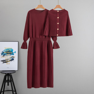 Women's Knitted Sweater <b>Dress</b> Set Autumn <b>Long</b> <b>Sleeve</b> Pleated Skirt Two Piece Outfit - Product Image 3