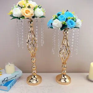 Dibei Cheap Price Crystal Pendant Flower Stand Table Decoration Wedding Centerpiece Silver Gold Metal Flower Vase