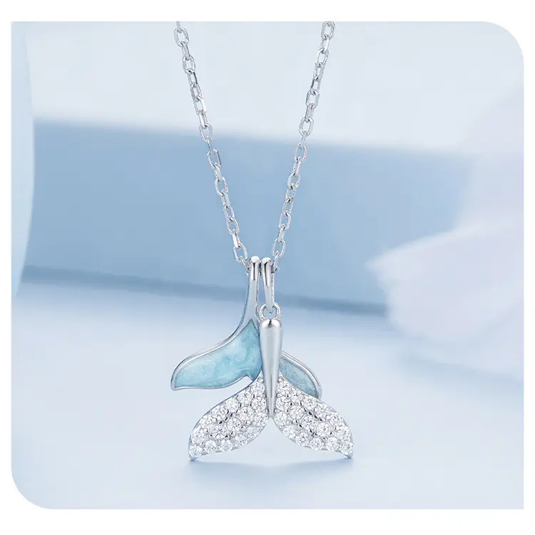Europe and the United States popular 925 sterling silver whale tail necklace plated platinum drop oil zirconia fishtail necklace