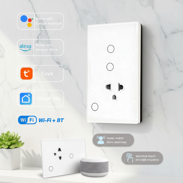 2 Gang Smart Switch with Thailand Socket, 118*75mm Tuya WiFi & Bluetooth Wall Light Switch Outlet, Works with Alexa Google Home