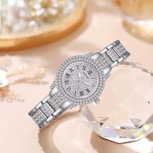 Montre à quartz de luxe pour femme, or rose, cadran serti de diamants, chiffres romains, étanche, élégante, avec aiguilles lumineuses - Product Image 4