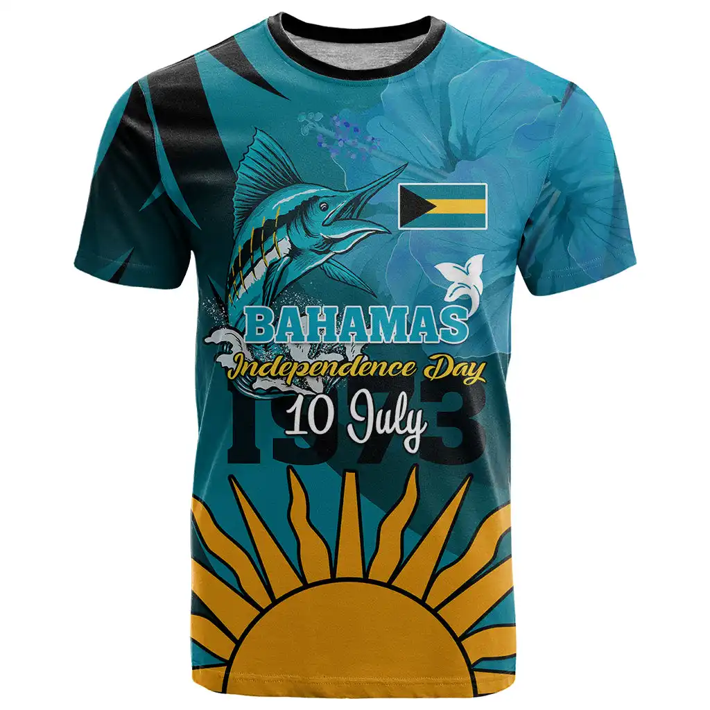 Maglietta personalizzata 10 luglio le Bahamas Independence Day Marlin blu delle Bahamas con T-Shirt con stampa ibisco elastico sportivo da uomo a maniche corte