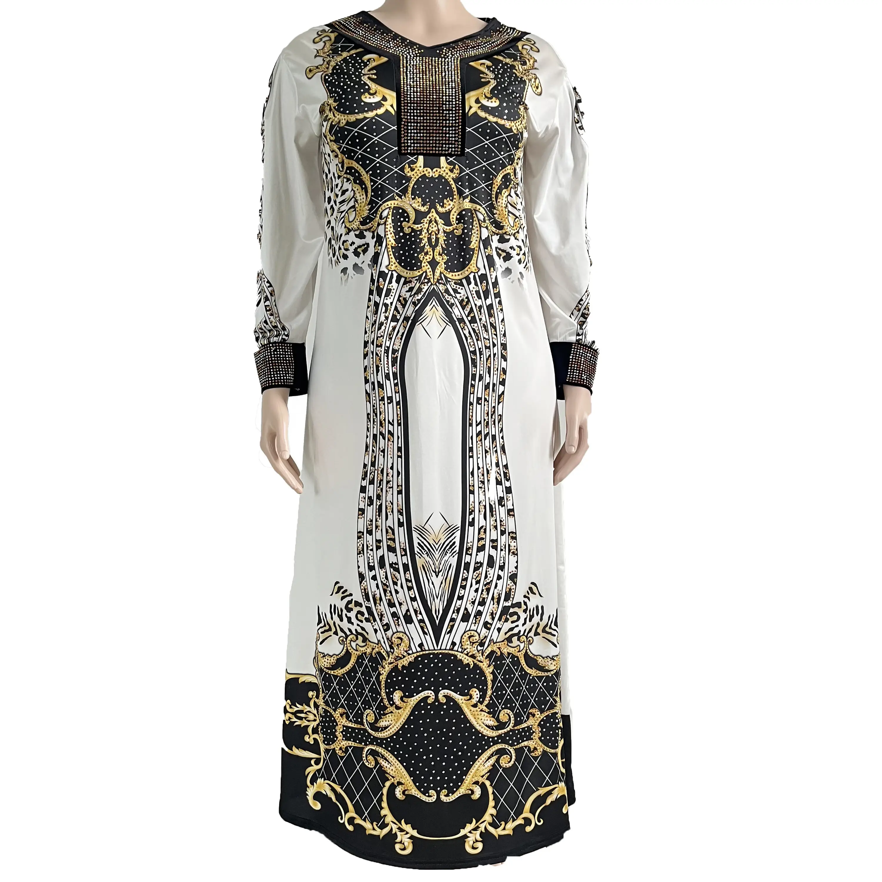 Großes Damen kleid eingelegt mit exquisiten Stein digital bedruckten Stoff bequemen Rückzug edel lila klassisch schwarz de