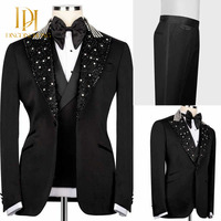 Costume trois pièces perlé slim avec strass pour homme Veste plate avec fermeture éclair et braguette sur le devant Pantalon en tissu usé