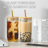 Gobelets en verre avec couvercles en bambou et pailles réutilisables, hermétiques, transparents, design moderne, compatibles lave-vaisselle, pour adultes, cadeau de Noël pour le bureau