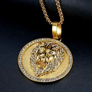 Collier pendentif tête de lion Yunnique en acier inoxydable plaqué or avec strass, bijoux de fête pour homme, design du zodiaque animal - Product Image 4