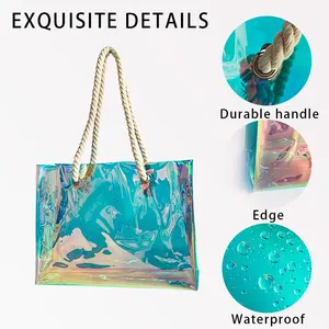 Custom Hot Holographic Pvc Clear Tote Bag With Rope Handle Summer Women Fashion Pvc Beach Shopping Bag