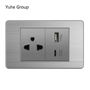 Cadre gris brossé en acier inoxydable, norme thaïlandaise, 1 ensemble d'interrupteurs muraux et prise murale USB pour ordinateur et télévision. - Product Image 4
