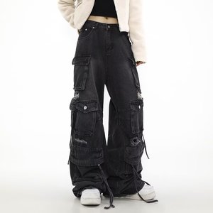 Pantalones Vaqueros de Mezclilla Negros <span class=keywords><strong>Cargo</strong></span> Rotos Estilo Y2K Desgastados Holgados de Pierna Ancha Recta con Ocho Múltiples Bolsillos para <span class=keywords><strong>Mujer</strong></span> - Product Image 1