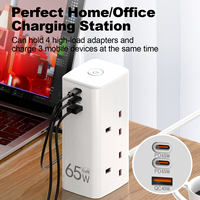 Regleta de Carga Rápida GaN de 65W con 1 Puerto USB-A y 2 Puertos USB-C, Cable de 2m, Protección Contra Sobretensiones, Cable de Extensión Multi-Enchufe Universal para el Hogar