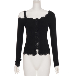 Cárdigan oscuro picante con hombros descubiertos, encaje y botones de imitación, estilo Y2K, de pura seducción, ajustado, favorecedor y versátil, tipo camiseta. - Product Image 6