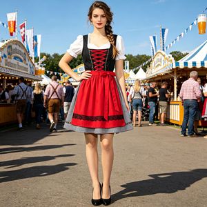 Vestido Dirndl con Cintura Imperio, Escote Corazón, Corte en A, Colores en Contraste, Disfraz para Festival, Traje para Fiesta de Oktoberfest, Sin Etiqueta - Product Image 5