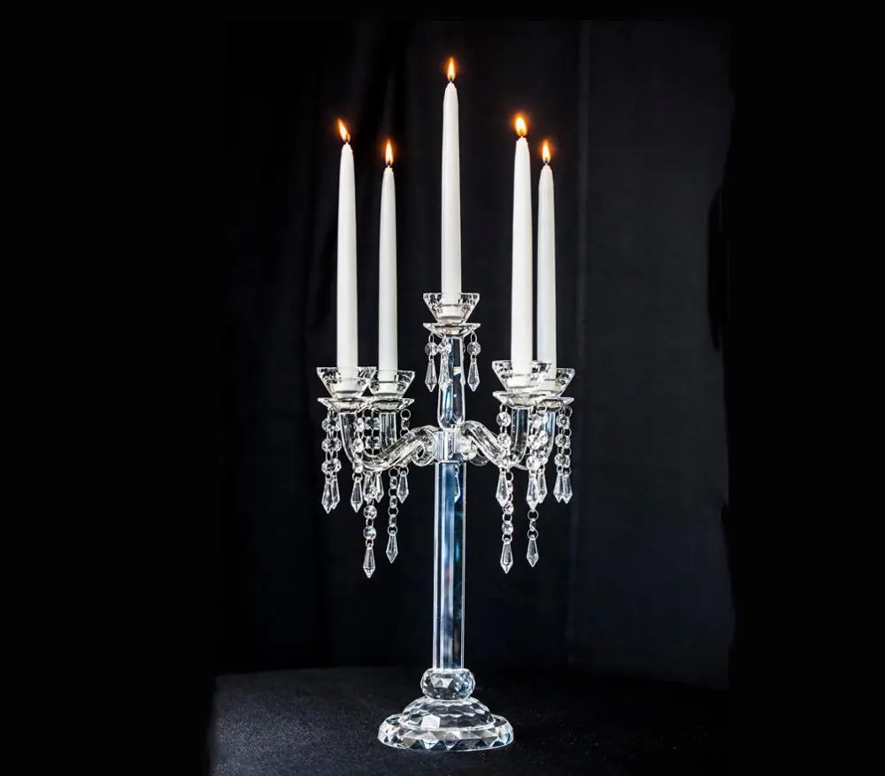 MH-ZT0109 5 Braços Mesa Decorações Centrais Do Casamento Candelabros De Cristal Suporte de Vela De Cristal De Altura Flor Candelabros