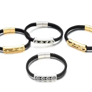INS-Stil breite echte geflochtene Leder-Armbänder Luxus-Goldperlen-Armbänder für Herren Damen-Schmuck