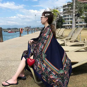 wholesale fringe design rectangle beach scarf tippet oversize polyester twill fabric fashion printing women stole shawls