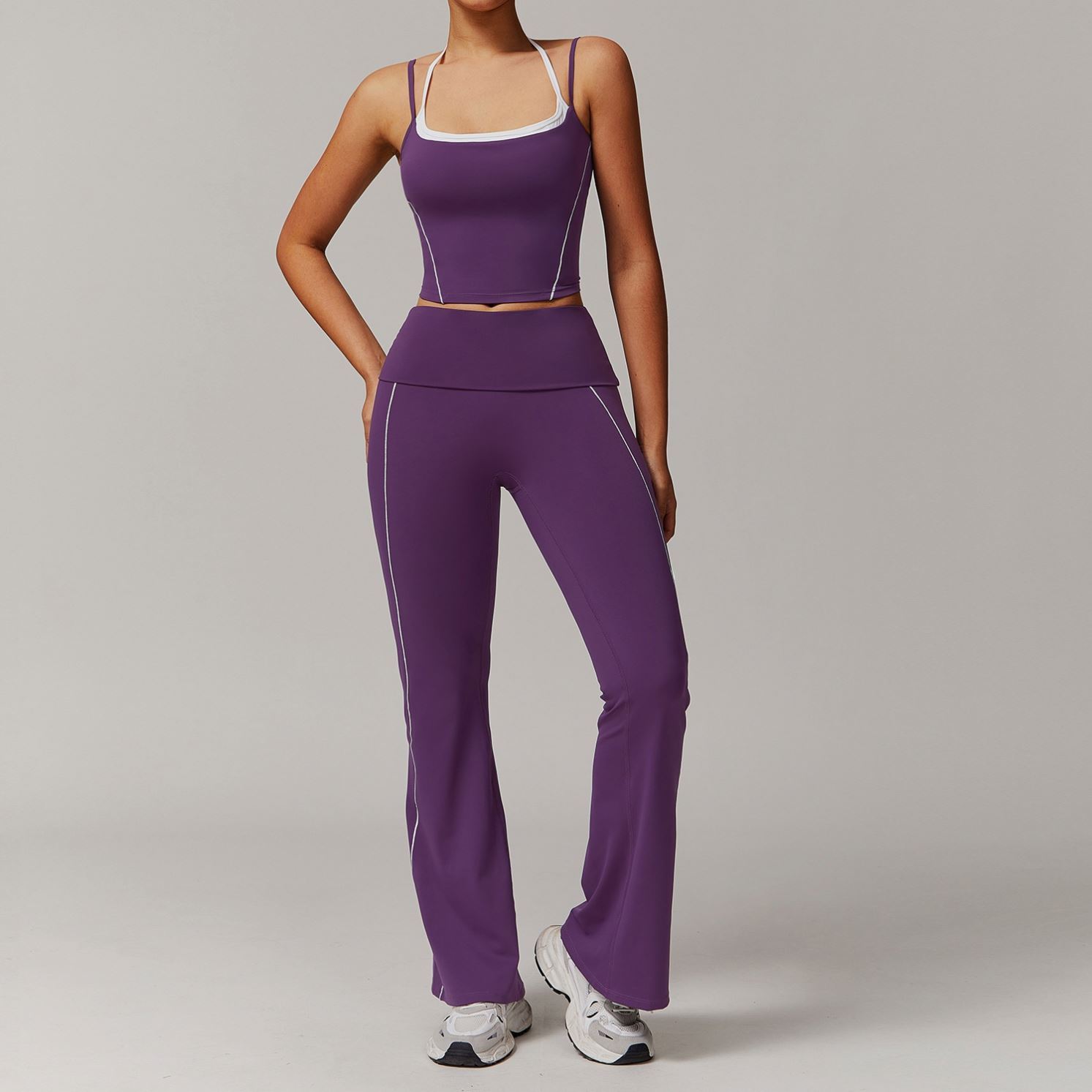 Faux Two-Piece Halter Neck Beautiful Back Yoga Set with Fold-over High Waist Leggings Casual Versatile Fitness Sports Wear