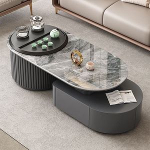 Modern <strong>Oval</strong> - Shaped Marble - Top <strong>Coffee</strong> <strong>Table</strong> with Drawer and Rotating Tea Tray - Product Image 3