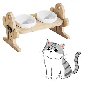 New Pet Supplies Cat Dog Ceramic Water Food Feeder Bowl Bamboo Stand Adjustable With Non-Slip Mat