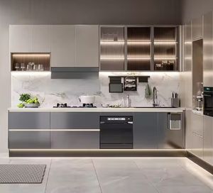 Gabinetes de Cocina Modernos y Lujosos Personalizados, Lacado Metálico Gris Dorado de Alto Brillo, MDF, Vidrio, Isla Abierta, Diseño Paralelo - Product Image 6