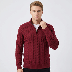 Pull en maille à col zippé, coupe oversize, épaules tombantes, tricot épais, rouge bordeaux, pour homme et femme, fournisseur de tricots d'hiver - Product Image 1