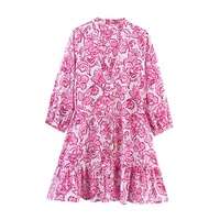 KAR&OT ZA 2025 Printemps Été Automne Nouvelle Robe Courte Vintage à Col en V Imprimé Floral avec Ceinture pour Femme 3150658