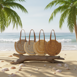 Borsa di paglia a forma di conchiglia 45x46 cm, rotonda, fatta a mano, intrecciata, borsa estiva - Product Image 2