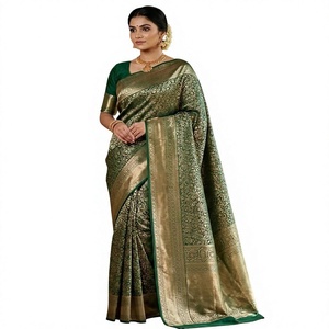 Sari en soie verte, robe traditionnelle indienne, style Banarasi, sari drapé pour mariage, fête, cérémonie - Product Image 2
