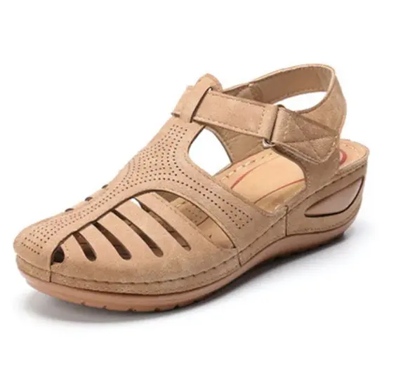 Sandalias huecas de punta redonda para mujer, zapatos de cuña de suela suave, calzado de verano