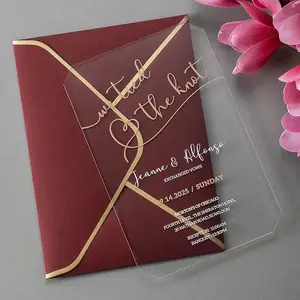 High Quality Luxury Custom Logo Design Unique Clear Acrylic Gold Foil Wedding Invitations With Envelope And Wax Seal