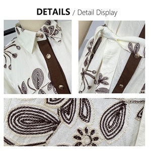 Robe chemise élégante à empiècements contrastés brodés pour femme, robe longue en viscose à motif abstrait chic, manches courtes d'été - Product Image 6
