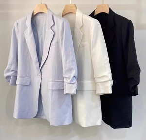 Blazer in <span class=keywords><strong>Lino</strong></span> di Alta Qualità Nuovo 2026 Primavera <span class=keywords><strong>Donna</strong></span> Colletto a Revers Bottone Singolo Manica 3/4 Casual Blu Bianco Nero Cappotto Giacca - Product Image 2