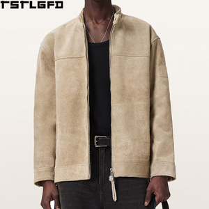 Custom <b>Suede</b> Racer <b>Jacket</b> <b>Men</b> Tan Beige Stand Collar Two Way Zipper Windbreaker Streetwear Outerwear Manufacturers Bulk - Product Image 1
