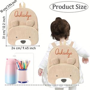 <b>Toddler</b> Corduroy <b>Backpack</b> with Embroidered Name Custom Cute Bear School Bag for Boys Girls Breathable Waterproof Wear-Resistant - Product Image 3
