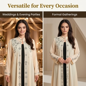 Elegant Cream Open Abaya Chiffon Hotfix <b>Long</b> Sleeve Maxi <b>Dress</b> Set with Inner <b>Dress</b> <b>for</b> <b>Eid</b> Modest Occasion Wear - Product Image 3