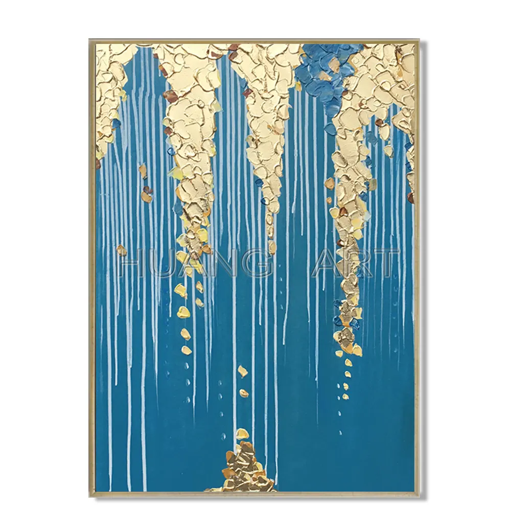 Con dao lớn màu xanh sơn dầu trừu tượng cho phòng khách thời trang tường nghệ thuật vẽ tay màu vàng trừu tượng sơn dầu trên vải