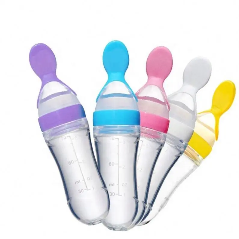 Newborn bpa free 90ML Squeeze food juice rice cereal milk led weaning Training Silicone Spoon baby feeding bottle with spoon