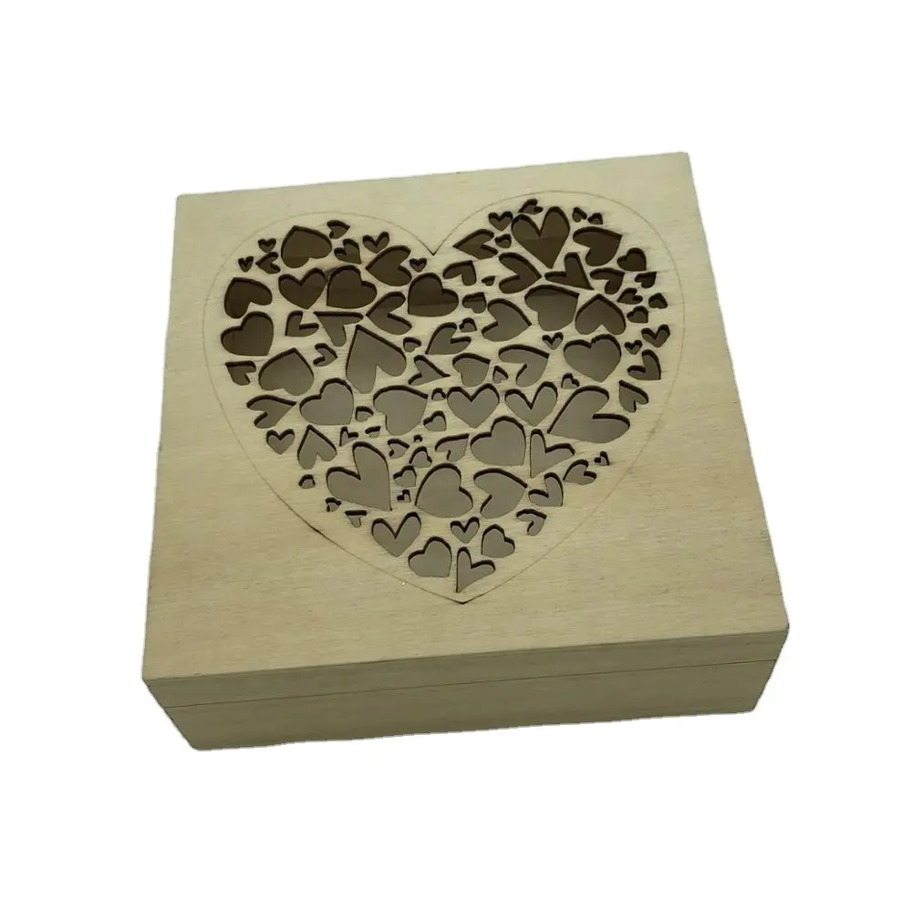 unfinished wooden craft box valentine's day gift box laser love die cut packaging box with heart shape decor