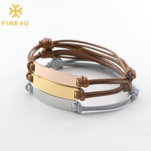 Personalized <strong>Couple</strong> Name Jewelry Stainless Steel Blank Bar Laser Engraved Custom Leather Braided <strong>Bracelet</strong> <strong>for</strong> Women - Product Image 1