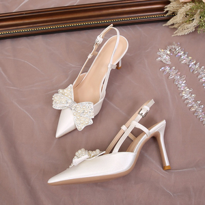 Detachable Wedding Shoes Zapatos Mujer Saltos Bow Lace up Strappy Ankle Pearl <b>Strap</b> <b>White</b> Wedding <b>Heels</b> for Bride - Product Image 3